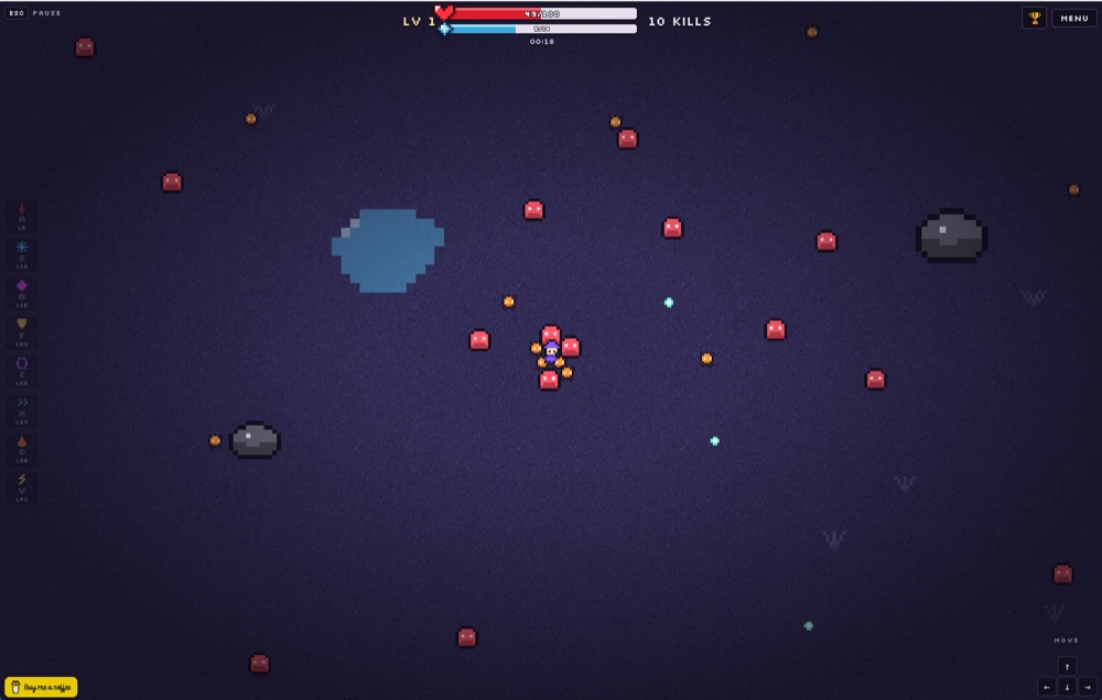 Brewmancer gameplay — the alchemist auto-firing on an approaching horde of pixel enemies