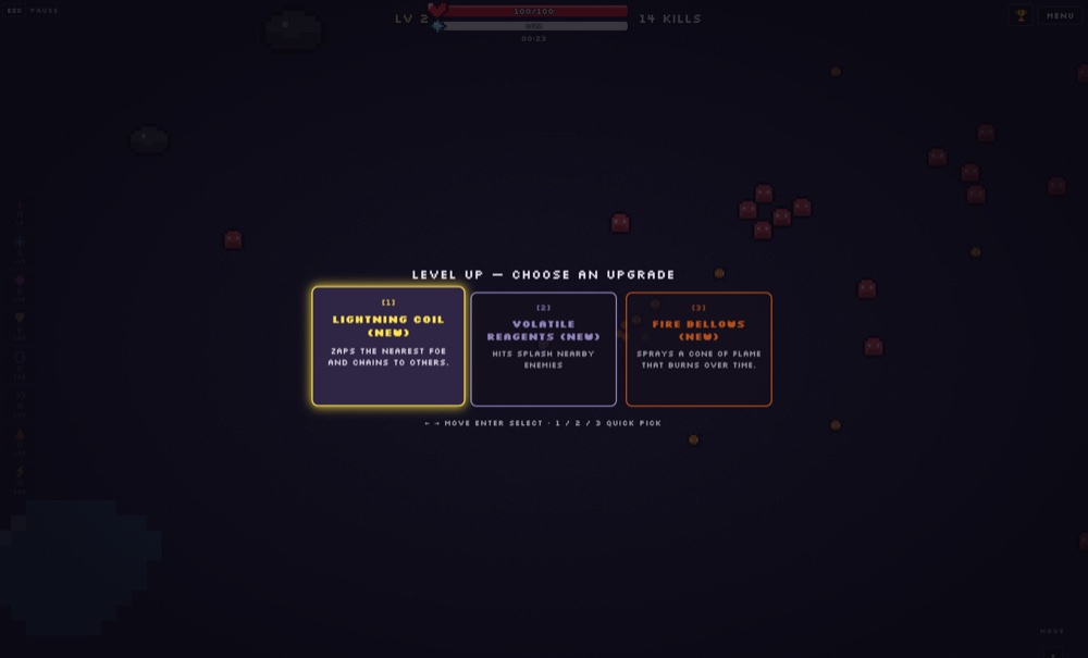 Brewmancer — the level-up draft, choosing one of three upgrades